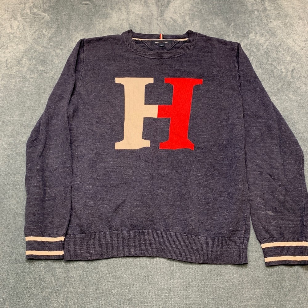 Y2K Tommy Hilfiger Sweatshirt Mens L Navy Blue Big H Crew Neck Long Sleeve Knit